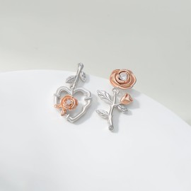 Rose Earrings 925 Sterling Silver Asymmetric Heart Earrings Rose Heart Dangle Earrings Asymmetric Earrings Jewellery for Women