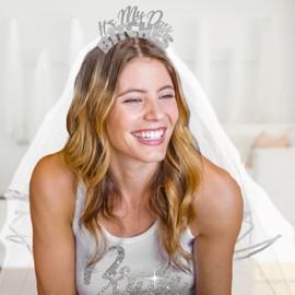 RhinestoneSash Bachelorette Headband Veil for Bride - SET OF 2: Silver It's My Day Headband & White Tulle Veil - Funny Bachelorette Party Gifts - HBVeil(IMDBtch) SLV