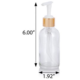 JUVITUS 4 oz Clear Boston Round Thick Plated Glass Bottle with Gold Lotion Pump (4 Pack) + Funnel