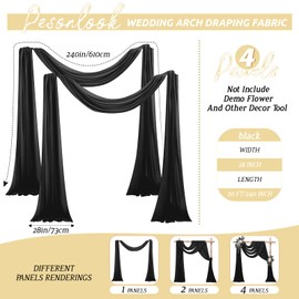 4 Panels Draping Fabric, 28" x 20 Ft Black Sheer Wedding Arch Drapery for Ceremony Arch Stage Party Backdrop Ceiling Decor