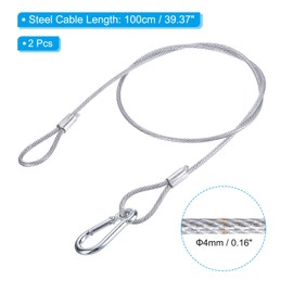 PATIKIL Stainless Steel Safety Cable 39.4"/100cm, 2Pack 4mm Flexible Security Wire Rope Lock Double Loops with Hook for Stage Lighting Luggage, Silver