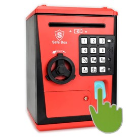 Fimleiy Kids Safe Bank with Fingerprint Password Talking ATM Piggy Bank for Real Money Toy Gift for 6-14 Years Old Boys Girls (Black/Red)