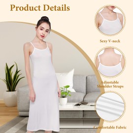 Aomig Women's Full Slips, Ladies V-Neck Full Slip Petticoat, Soft Long Nightdresses Slip Dress Adjustable Spaghetti Straps for Ladies, Women's Basic Underskirt Chemises, Ladies V Neck Negligee White