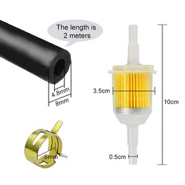 Fuel Hose Kit, Including 2 Metres Diameter 5 mm Fuel Line + 2 Pieces 8 mm Fuel Filter + 10 Pieces Hose Clamps, Fuel Filter Hose Kit for Car, Motorcycle, Lawn Mower, Scooter