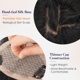 Elailite Hair Toppers for Women Real Human Hair Topper with Bangs Thinning Thin 9 * 12CM Silk Base Clip in Remy Hairpieces Hand-Tied 16 Inch Jet Black