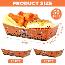 50 PCS Graduation Party Supplies, Orange Grad Plates, 2 Style Class of 2025 Food Paper Trays Paper Tray Class of 2025 Plates, Easy to Assemble Black and Orange Graduation Decorations 2025