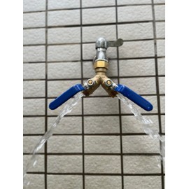 water spigot splitter with 4" Valve Handles, Hose Bib Splitter 2 Way | Upgraded Easy-Turn On/Off Valves, Solid Leak-Proof Brass Body for Garden, Pool Area, No Plumber Needed