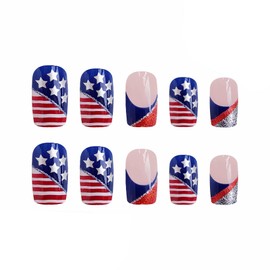MERVF Square Press on Nails Medium Fake Nails 4th of July Glitter Glue on Nails with American Flag Design Squoval French Acrylic Nails Press ons Glossy 24pcs Independence Day Nails