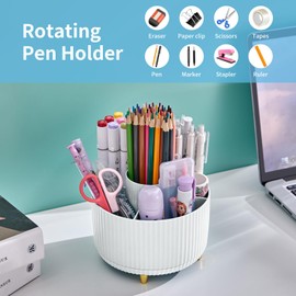 Marbrasse Desk Organiser,360-Degree Rotating Pen Holder for Desk,Desk Organisers and Accessories with 5 Compartments Pencil Organizer,Art Supply Storage Box Caddy for Office,Home(White (White)
