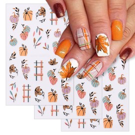 3 Sheets Fall Nail Art Stickers, Glitter Pumpkin Maple Leaf Design 3D Self-Adhesive Nail Art Decals, Autumn DIY Manicure Decoration Supplies Accessories for Women Girls
