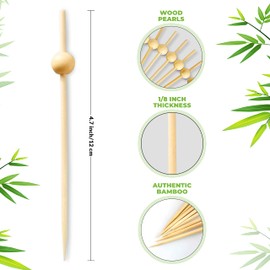 GARDNA 200 Pack 4.7 Inch Wood Pearl Bamboo Cocktail Picks, Fancy Toothpicks for Appetizers, Disposable Cocktail Skewers for Drinks, Perfect Party Picks for Weddings and Events
