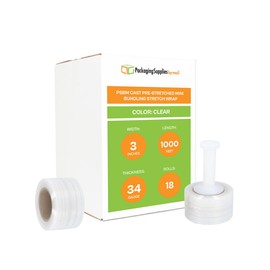 PSBM Mini Pre-Stretched Stretch Wrap with Plastic Handle, 18 Pack, 3 Inch x 1000 Feet Plastic Cling, Hand Shrink Film for Pallet Moving Packing