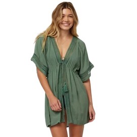 O'NEILL Wilder - Dress for Women - Inset Crochet - Short Sleeve Design - Crinkle Gauze - Waist Drawcord Green LG (US 9-11) One Size