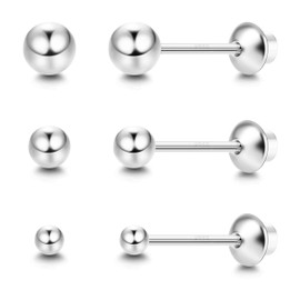 Sllaiss 3 Pairs Sterling Silver Ball Stud Earrings Screw On Tragus Cartilage Earrings Stud 14K Gold Plated Tiny Screwback Earrings For Women 2mm 3mm 4mm (White Gold)