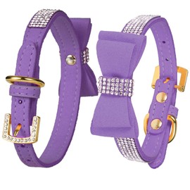 LOVPE Dog Collar/Cat Collar Crystal Velvet Leather with Bow-knot Tie Rhinestone Collars for Puppy/kitten Small Dogs&Cats (XS(Neck for:8-10 Inch), Purple)