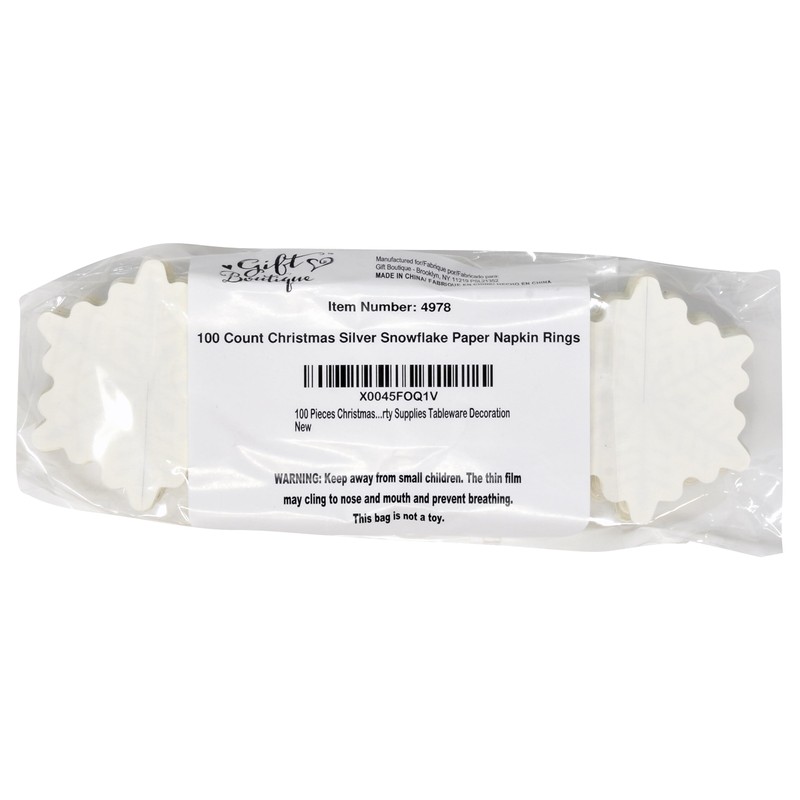 100 Pieces Christmas Paper Napkin Rings Xmas Silver Snowflake Napkin