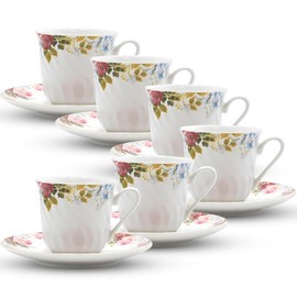 Lynns Porcelain Vintage Floral Saucer & Tea Cup Set with Gold Trims & Embossed Swirls - Tea Cups and Saucers for Parties & Celebrations - Philomena Tea Cups Set of 6