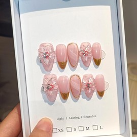 TENPAL Cat Eye Press on Nails 10Pcs Kit,Medium Almond False Nails Nude Pink Gold French Tips, Removable Summer Floral Blush Fake Nails, Simple Glue on Nails for Women Cute Design Stick on Nails(S)