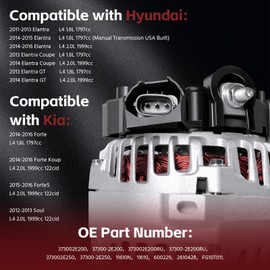 11610 Alternator 90A Compatible with 2011-2017 Hyundai Elantra/Elantra GT/Elantra Coupe, Kia Soul/Forte/Forte5/Forte Koup High Output Alternator Replacement 373002E200 6-Groove Clutch Pulley 1.8L/2.0L