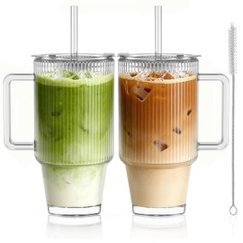 KEMORELA 24oz Ribbed Glass Cups with Lids and Straws,Glass Tumbler with Handle,2 set–Reusable Glass Ice Coffee Cups with Lid and Straw for Smoothies,Tea,Juice,Boba Cup for Cold & Hot Drinks,Travel Cup