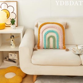 YDBDAT Boho Decorative Rainbow Colorful Throw Pillow Covers 18x18 Farmhouse Tufted Textured Pillow Covers with Tassels Woven Cushion Case for Sofa Bed Living Room Hallowmas Champagne x1