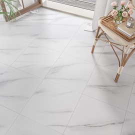 VEELIKE Vinyl Flooring Peel and Stick Waterproof White Vinyl Floor Tiles 4 Pack Marble Peel and Stick Floor Tile Bathroom Grey Laminate Flooring Sticky Floor Tiles for Kitchen Bedroom RV 12''x12''