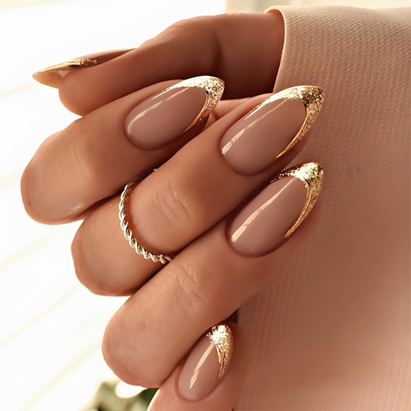 IMSOHOT Press on Nails Medium Almond Fake Nails Golden Glitter