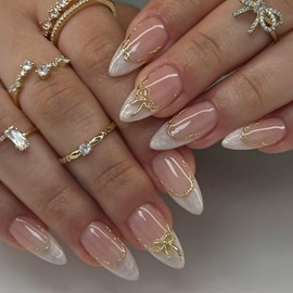 French Tip Press on Nails Medium Almond Fake Nails with Designs Gold Bow Glue on Nails White Acrylic False Nails Reusable Artificial Nails Press ons Glossy Full Cover Stick on Nails for Women