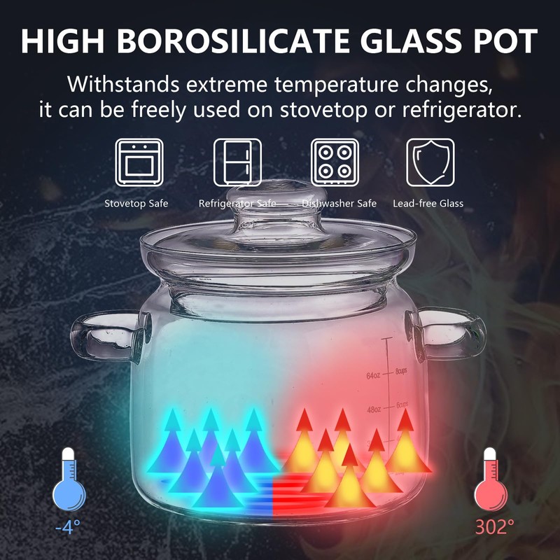 Jjojcll 2.3L(75oz) Glass Cooking Pot with Lid,Handmade Borosilicate Glass Stockpot