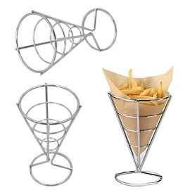 Jicyor Stainless Steel Chip Stand, Pack of 3 Cone Shape French Fries Holder Stand, Durable Silver Chip Stand for Families, Restaurants, Cafés, Bars, Snack Bars, Weddings, Parties