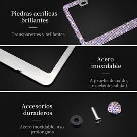 Marco de Matrícula Brillante para Mujer, 2PCS Marcos con Taladro Acrílico para Auto, Universal Porta Placa Brillos de Diamante, Antióxido/Resistente a la Intemperie, con Accesorios de Montaje/Colorido