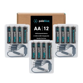 paleblue USB Rechargeable AA Batteries (12-Pack) - 2550mWh Lithium Ion, 1.5V, 1000+ Charge Cycles, Includes (3) 4-in-1 USB-A to USB-C Charging Cables, LED Charge Indicator, Quick 1.9 Hour Charging