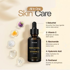 Suero De Bakuchiol: Alternativa Vegana Al Retinol Para Líneas De Expresión Y Arrugas. Suero Facial Iluminador Con Niacinamida Y Vitamina C Para Mujeres, Hidratante Y Antiedad (30 Ml).