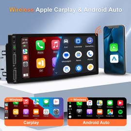 Single Din Car Stereo Wireless Carplay Car Radio Bluetooth 5.0, Rimoody 6.86" Touchscreen Android Auto Mirror Link 2-USB FM EQ/SWC/MIC Car Audio Receiver with Backup Camera