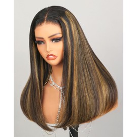 MEGALOOK Glueless Wigs Human Hair 6×5 Ready to Go Closure Wig Human Hair 12A Salon-Quality Pre Plucked Pre Cut Straight Wig Human Hair 220% Density Bleached Tiny Knots (6x5 lace balayage wig, 14 inch)