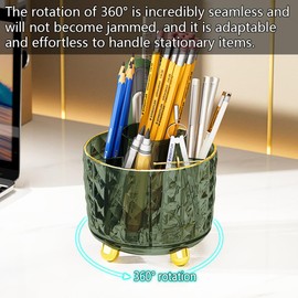 GOTOBA Dark Green Pen Pencil Holder for Desk, 360° Rotating Pen Organizer, Green Office Supplies, Cute Pen Holder, 6-Compartment Pencil Holder Rotating