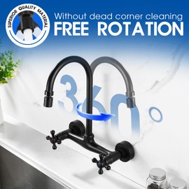 Matte Black Wall Mount Kitchen Faucet with 6” Gooseneck Swivel Spout, 8" Center Wall Mounted Kitchen Sink Faucet Double Cross Handles, Restaurant Mixer Tap Commercial - Include 360 Degree Swivel Spout