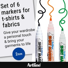 Artline Pack of 6 Fabric Markers for T-Shirts - Blue, Green, Red, Orange, Yellow & Black Fabric Pens Permanent for Clothes. Laundry Safe up to 60 °C - Genuine Fabric Pens for Clothes