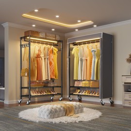 VIPEK R1L Clothes Rack with Cover, Heavy Duty Garment Rack with Dimmable LED Lights, Rolling Portable Closet for Hanging Clothes Metal Clothing Rack with Wheels, Black Rack with Grey Cover