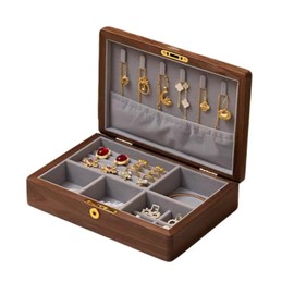 Bescott 2 Layers Solid Black Walnut Wooden Jewelry Box for Women with Lock and Key Wood Vintage Organizer for Men Earrings Rings Necklaces Bracelet Storage Mother's Day Gift
