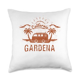 Retro Vintage surf Gardena, CA palm trees Gardena, CA California Retro Vintage Surfing Beach Throw Pillow, 18x18, Multicolor