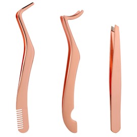 Eyelash Extension Tweezers Set - 3 Pcs Eyelash Tweezers for False Lashes, Pretty Eyelash Tool Applicator Lash Tweezers for Girls Women Makeup Artist (Rose Gold)
