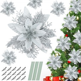 CCINEE 12pcs Christmas Glitter Poinsettia Flowers Silver Artificial Xmas Flowers with Clips and Stems for Christmas Tree Ornaments Home Decoration
