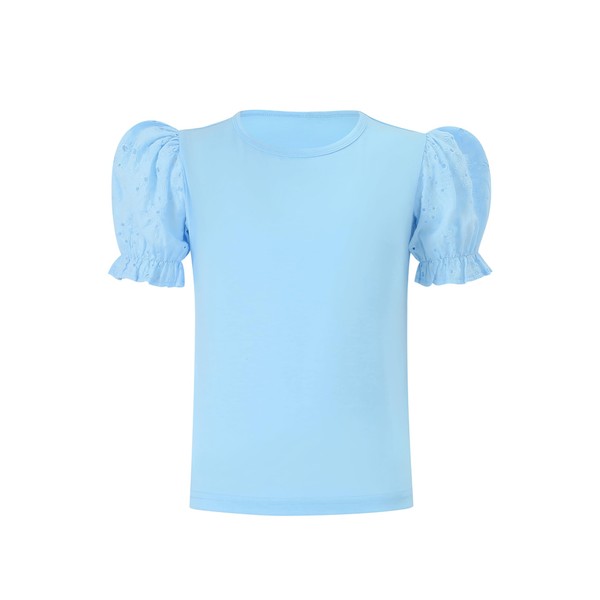 LIONJIE - Blusa de manga corta con volantes y vuelos, cuello redondo, color liso, informal, de 3 a 12 años, Azul, 5-6 Años