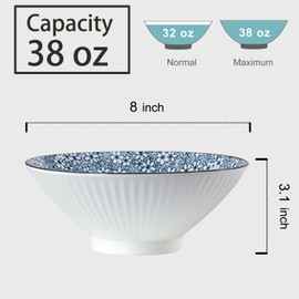 Yuanlity 38 oz Japanese Ramen Bowl Set of 4 - Large 8 Inch Ceramic Soup Bowls, Blue and White Japanese Noodle Bowls for Pho, Ramen, and Cereal - Cherry Blossom Floral Patterns