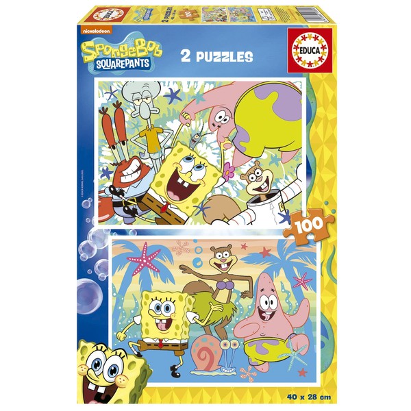Educa 19389, Spongebob Squarepants, 2 x 100 Piece Puzzle Set for Adults and Children from 6 Years, Children's Puzzle, Square Pants