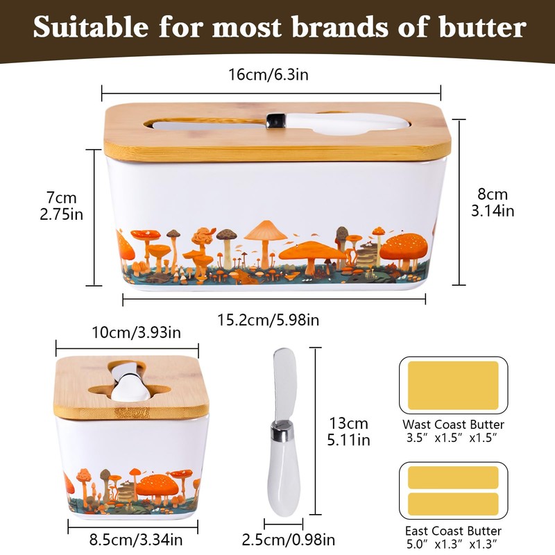 Mushroom Butter Dish with Lid,Large Butter Crock Keeper Saver,Ceramic Butter
