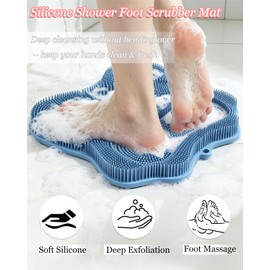 Shower Foot Scrubber Mat with Strong Suction Cups – 3D Silicone Foot Washer for Shower, Deep Exfoliating Massage for Feet Cleaner & Back Washing, Non-Slip for Floor, Tile, Glass (Blue)