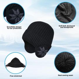 BOYSSPAA Winter Fleece Line Beanie Knit Hats with Ear Flaps for Men Women Warm Thermal Stocking Caps for Outdoor Cold Weather(UK, Alpha, One Size, Black)
