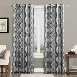 Sun Zero Burbank Geometric Ogee Watercolor Print Energy Efficient Grommet Curtain Panel, 54" x 84", Linen
